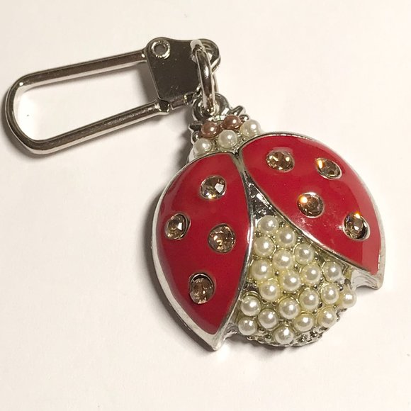 Red Ladybug Keychain Zipper Pull Purse Charm Backpack Pearl Crystal Enamel - Picture 4 of 9